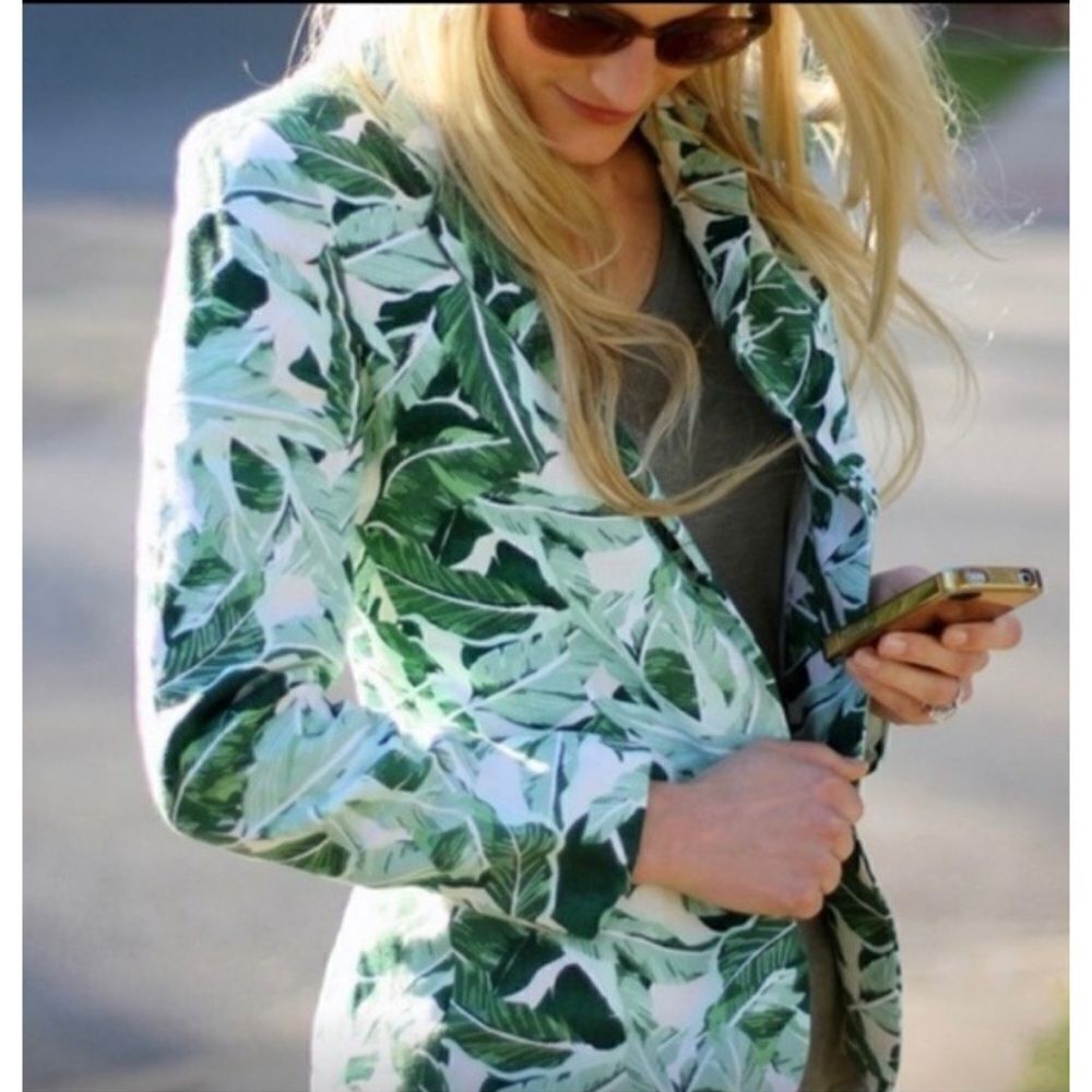 Tropical Leaf Print Women's Blazer Jacket - Green/White